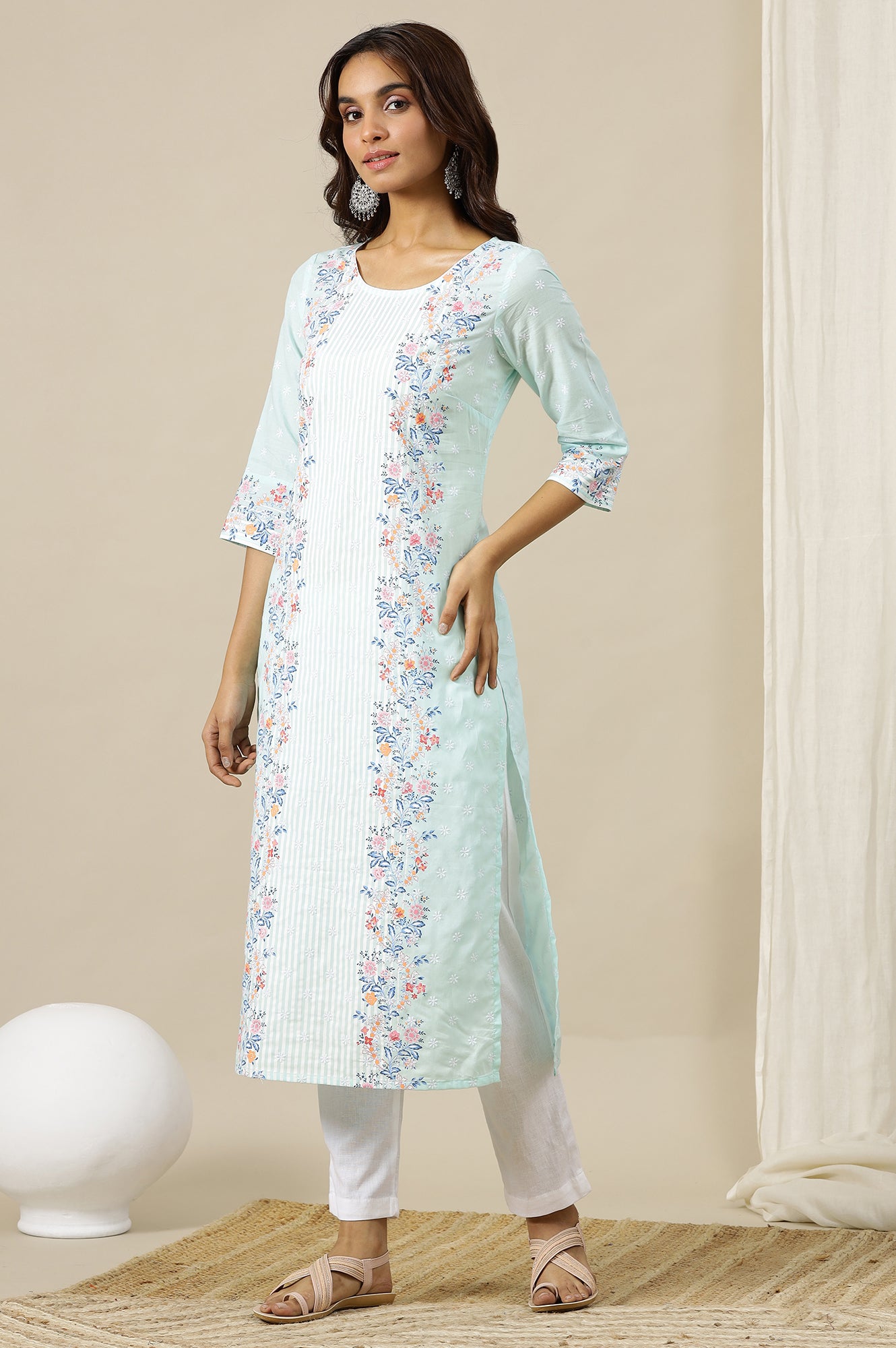 River Green Floral Printed Schiffli Embroidered Breezy Rayon Straight Kurta