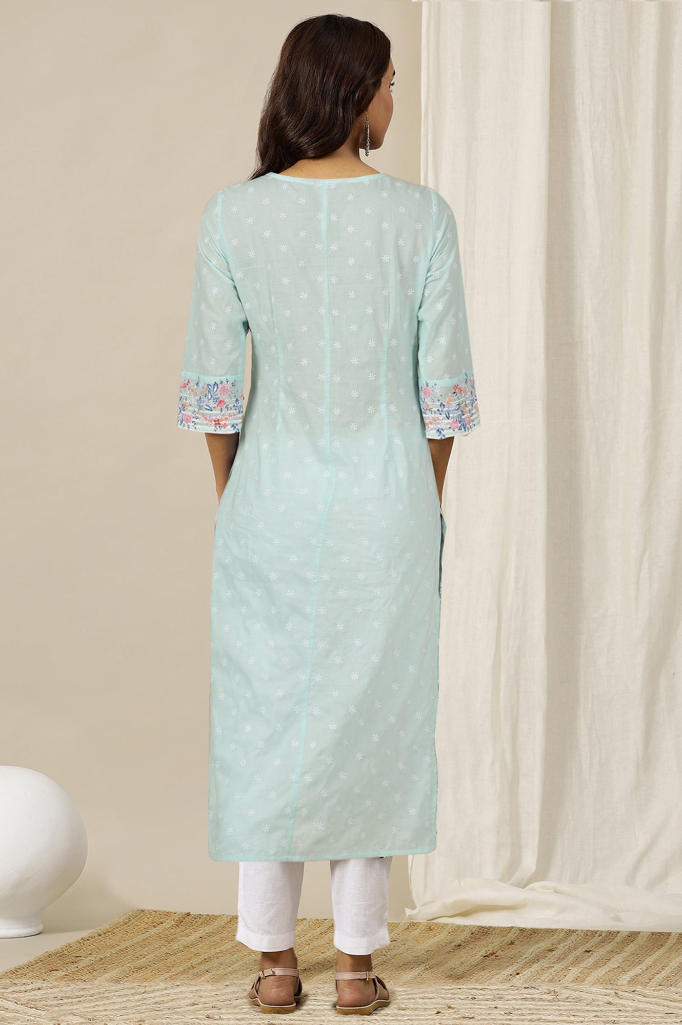 River Green Floral Printed Schiffli Embroidered Breezy Rayon Straight Kurta