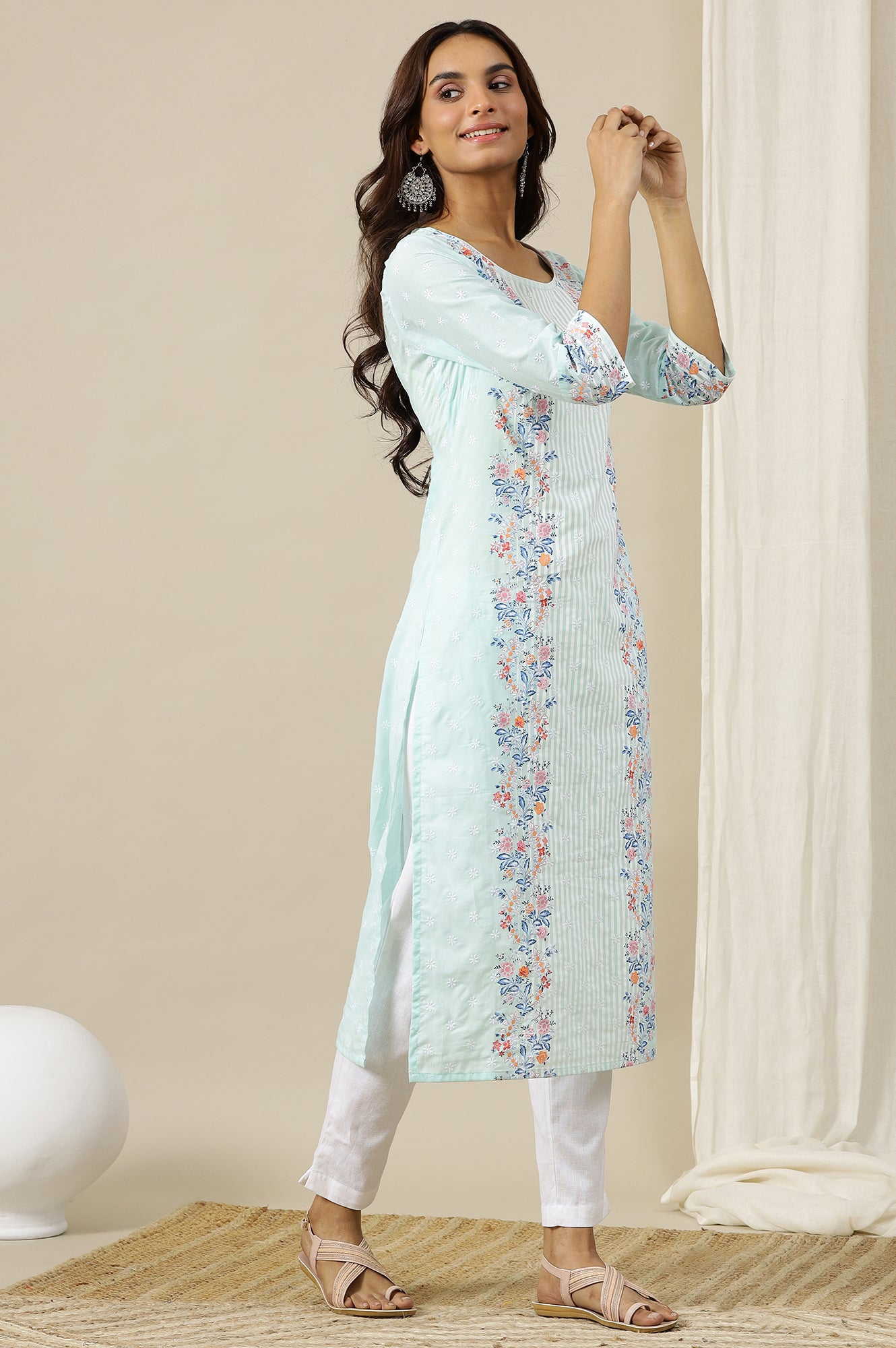 River Green Floral Printed Schiffli Embroidered Breezy Rayon Straight Kurta