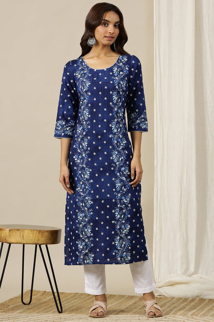 Estate Blue Floral Printed Schiffli Embroidered Breezy Rayon Straight Kurta