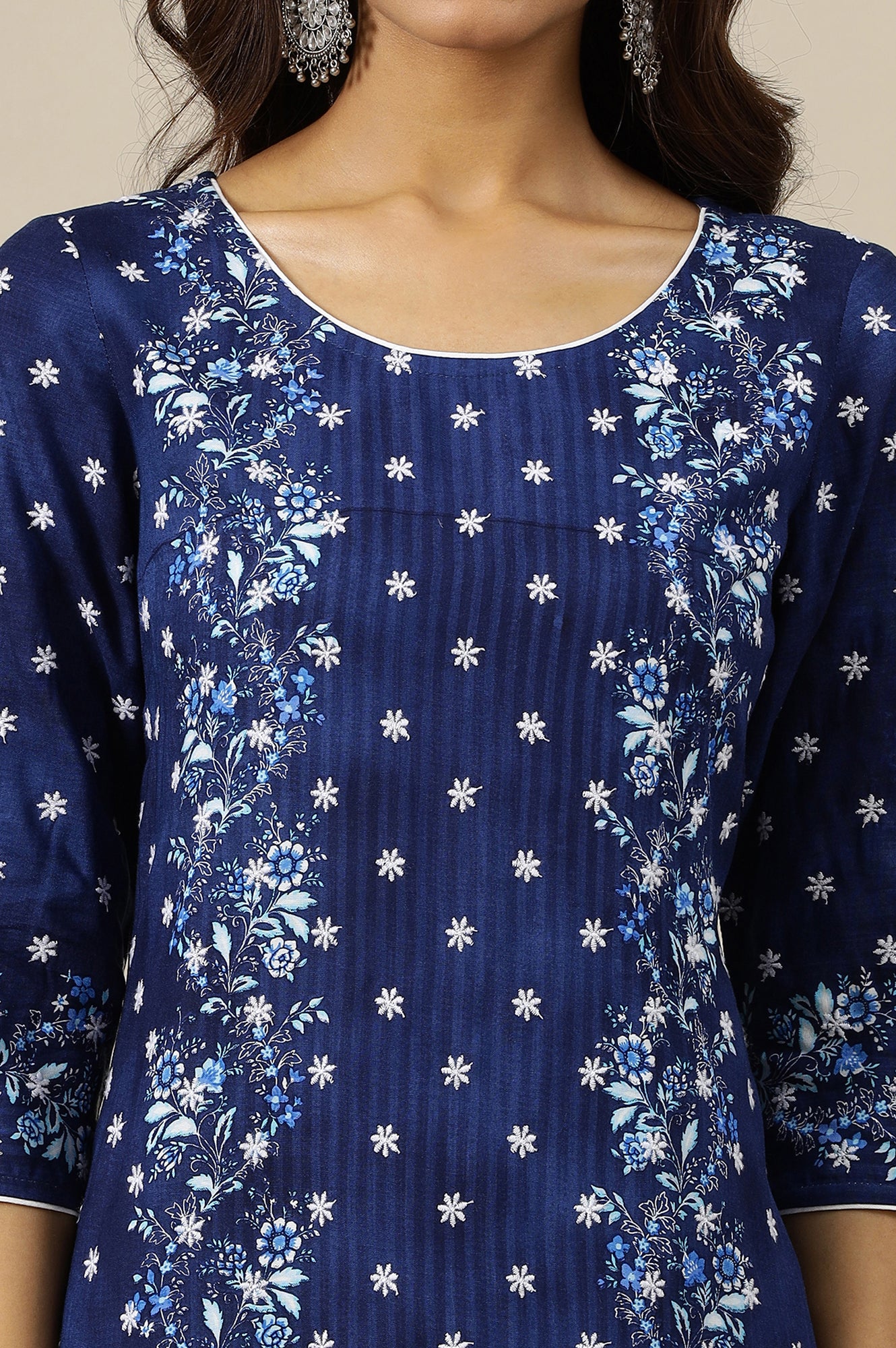 Estate Blue Floral Printed Schiffli Embroidered Breezy Rayon Straight Kurta