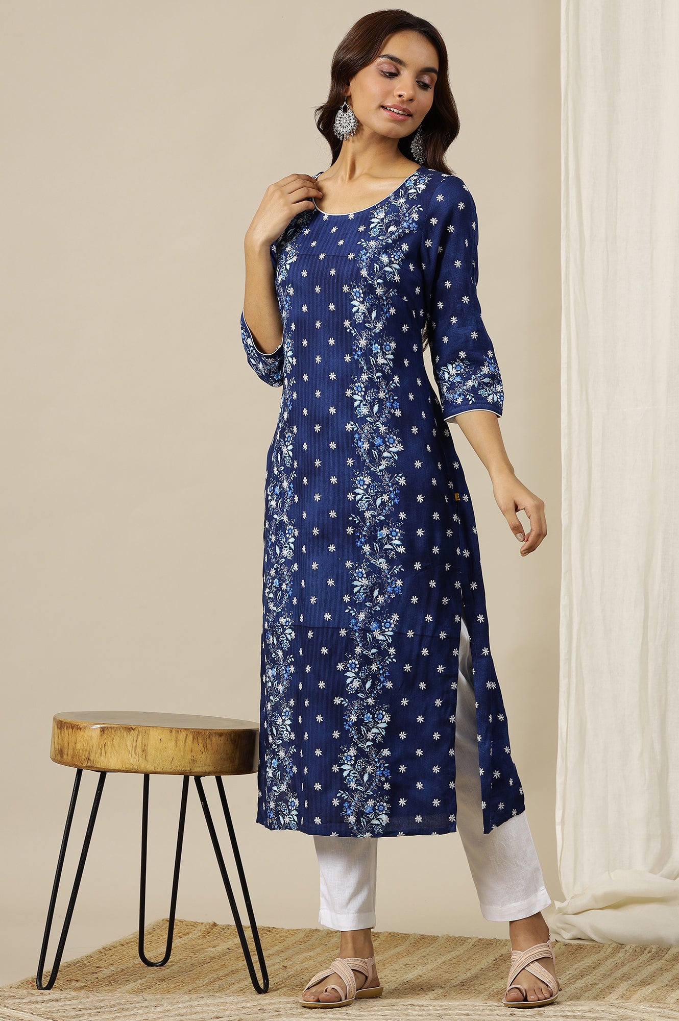 Estate Blue Floral Printed Schiffli Embroidered Breezy Rayon Straight Kurta