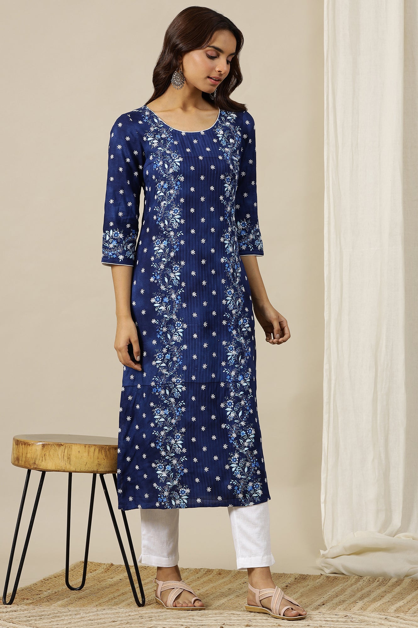 Estate Blue Floral Printed Schiffli Embroidered Breezy Rayon Straight Kurta