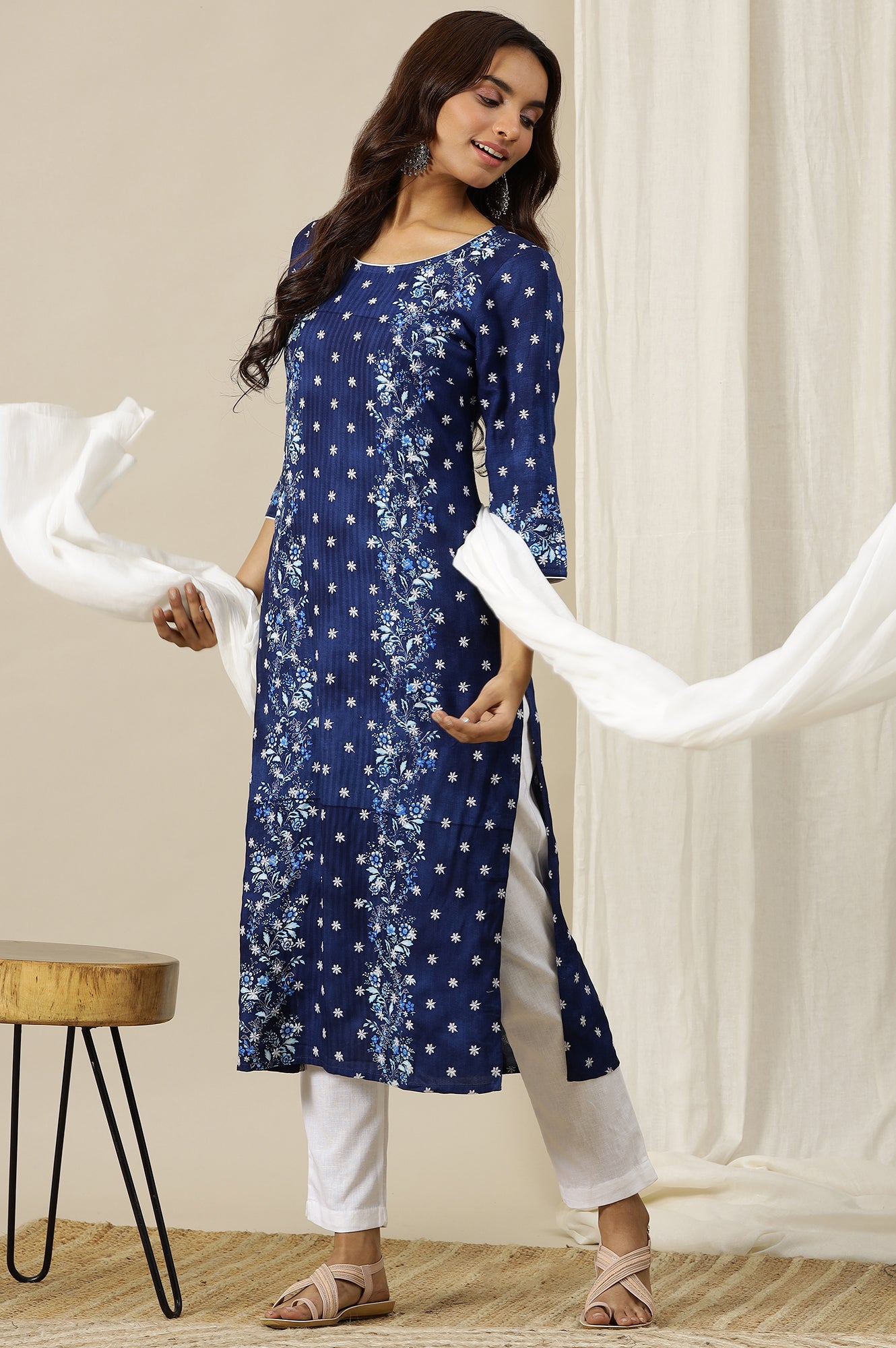 Estate Blue Floral Printed Schiffli Embroidered Breezy Rayon Straight Kurta