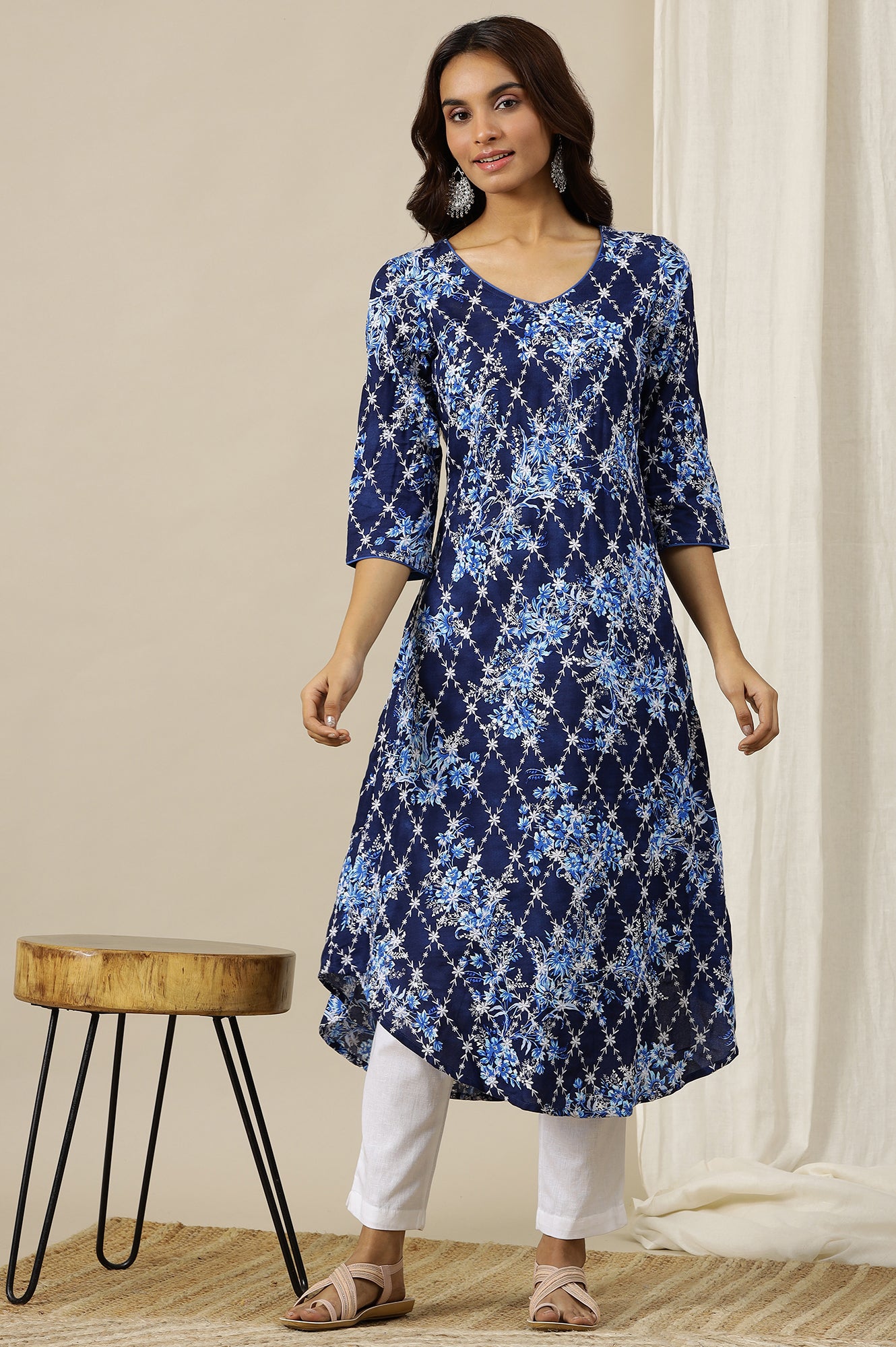 Estate Blue Floral Printed Schiffli Embroidered Rayon A-line Kurta