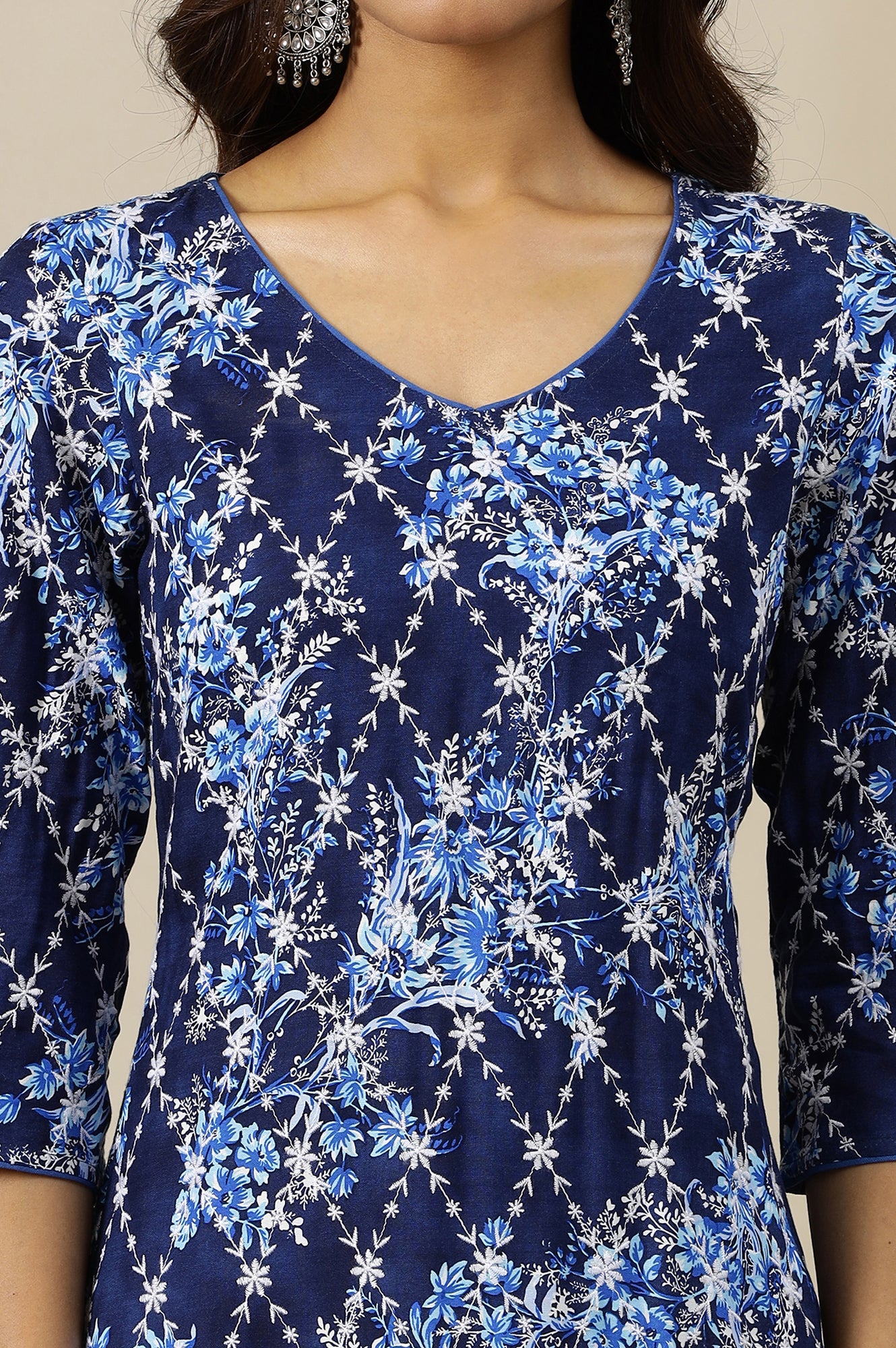 Estate Blue Floral Printed Schiffli Embroidered Rayon A-line Kurta