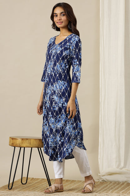 Estate Blue Floral Printed Schiffli Embroidered Rayon A-line Kurta