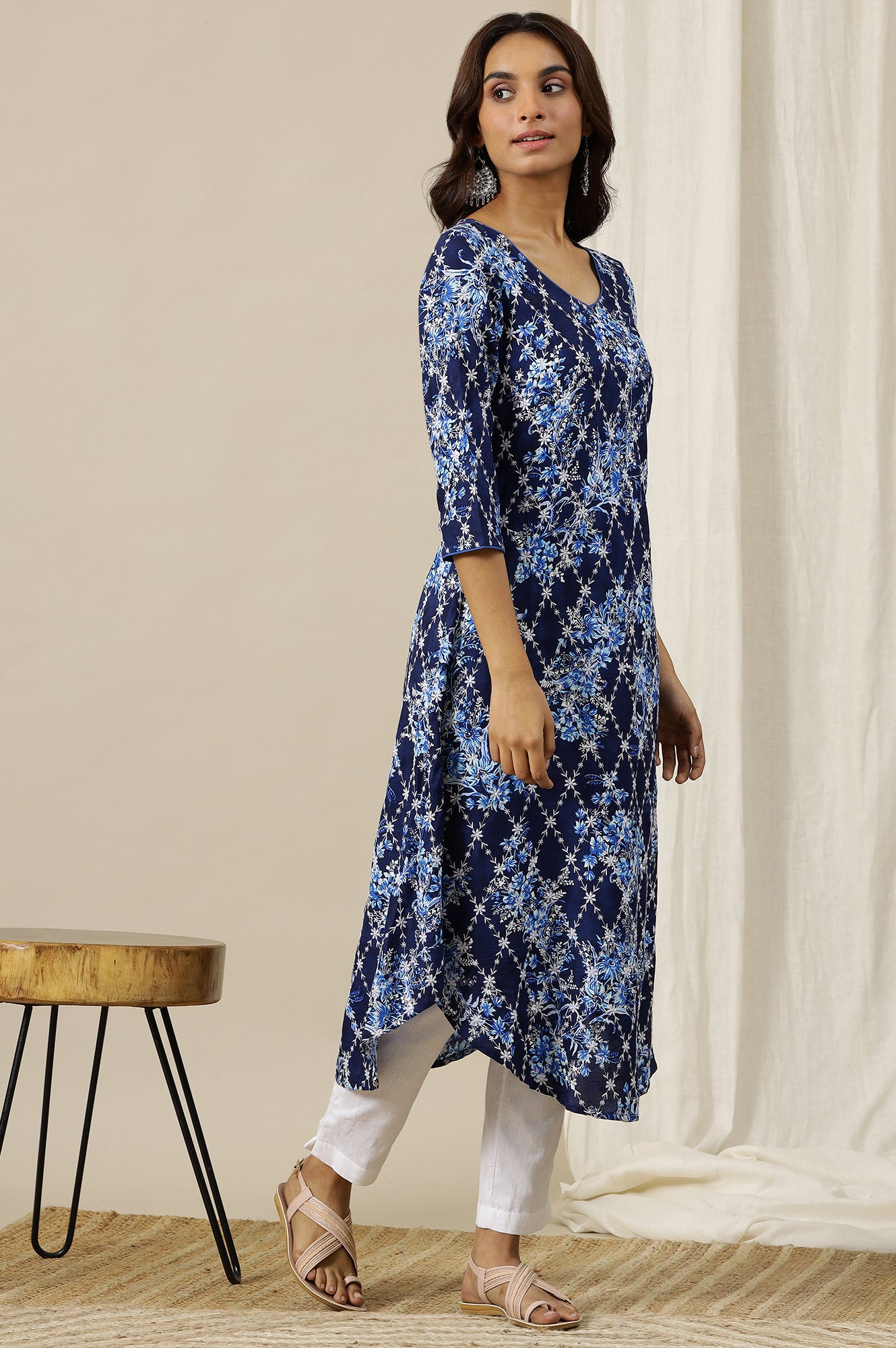 Estate Blue Floral Printed Schiffli Embroidered Rayon A-line Kurta