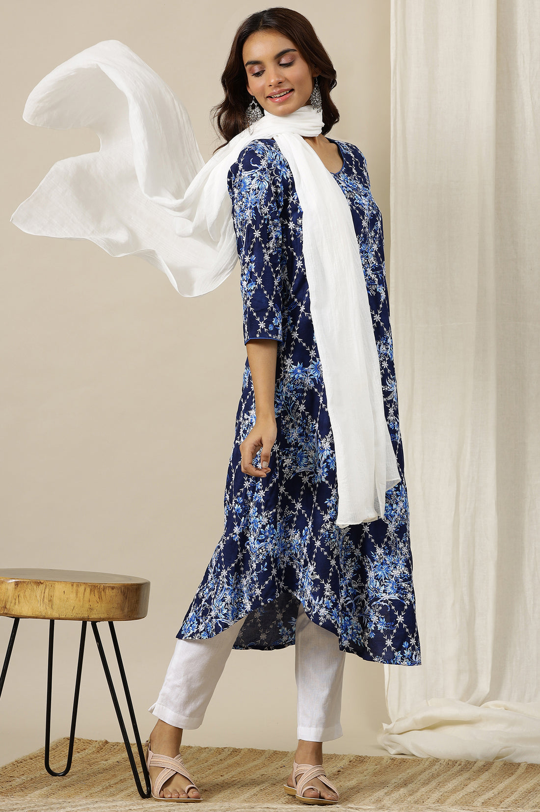 Estate Blue Floral Printed Schiffli Embroidered Rayon A-line Kurta