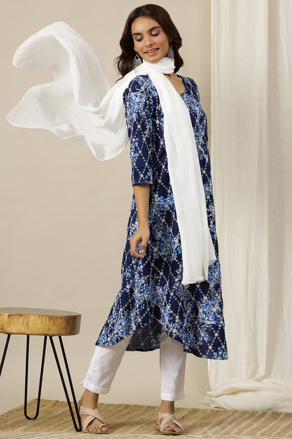 Estate Blue Floral Printed Schiffli Embroidered Rayon A-line Kurta