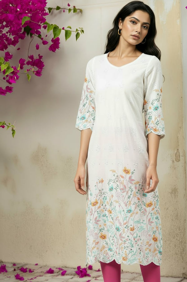 White Floral Printed Schiffli Embroidered Sweetheart Neck Straight Kurta