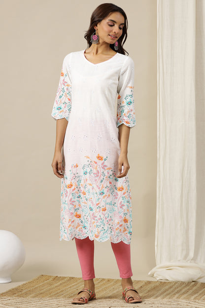 White Floral Printed Schiffli Embroidered Sweetheart Neck Straight Kurta