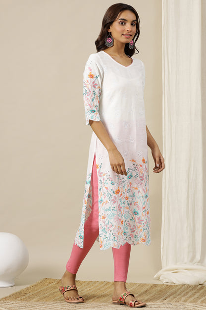 White Floral Printed Schiffli Embroidered Sweetheart Neck Straight Kurta