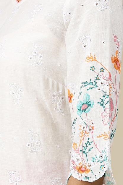 White Floral Printed Schiffli Embroidered Sweetheart Neck Straight Kurta