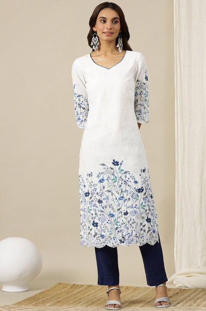 White Floral Printed Schiffli Embroidered Sweetheart Neck Straight Kurta