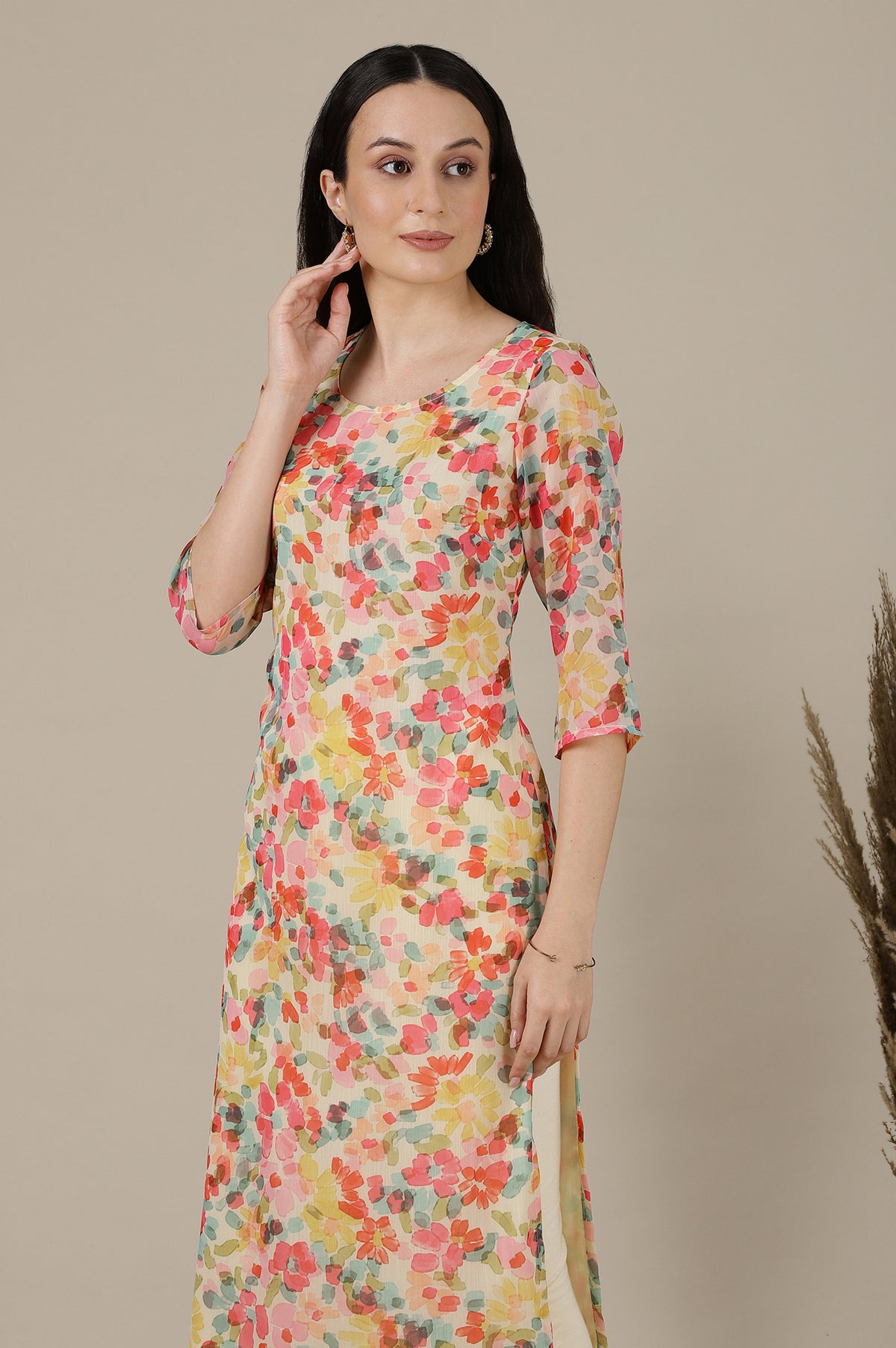 Multi-coloured Floral Printed Chiffon Straight Kurta - XS