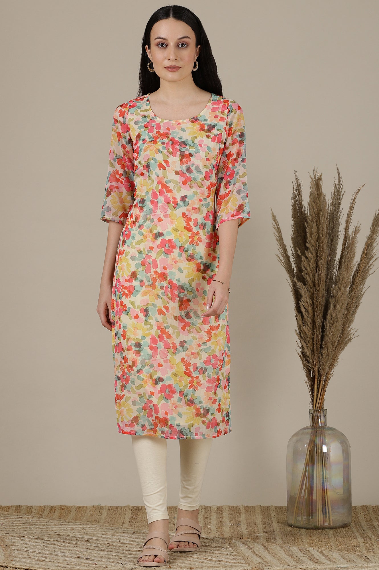 Multi-coloured Floral Printed Chiffon Straight Kurta