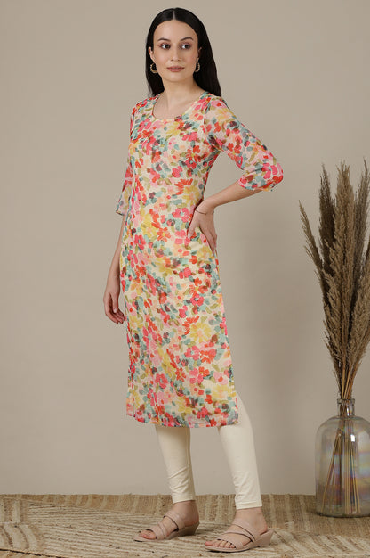 Multi-coloured Floral Printed Chiffon Straight Kurta