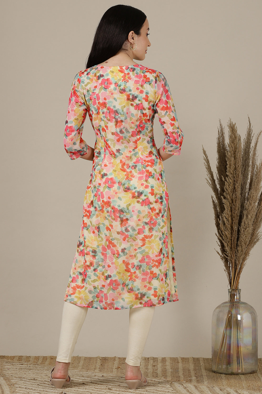 Multi-coloured Floral Printed Chiffon Straight Kurta