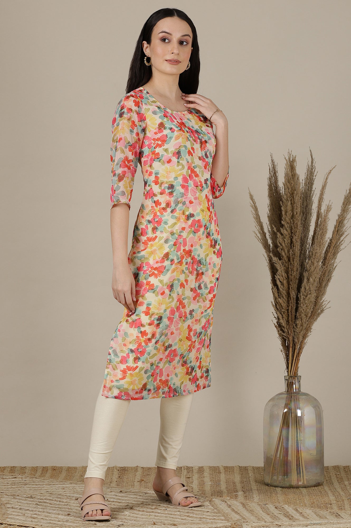 Multi-coloured Floral Printed Chiffon Straight Kurta