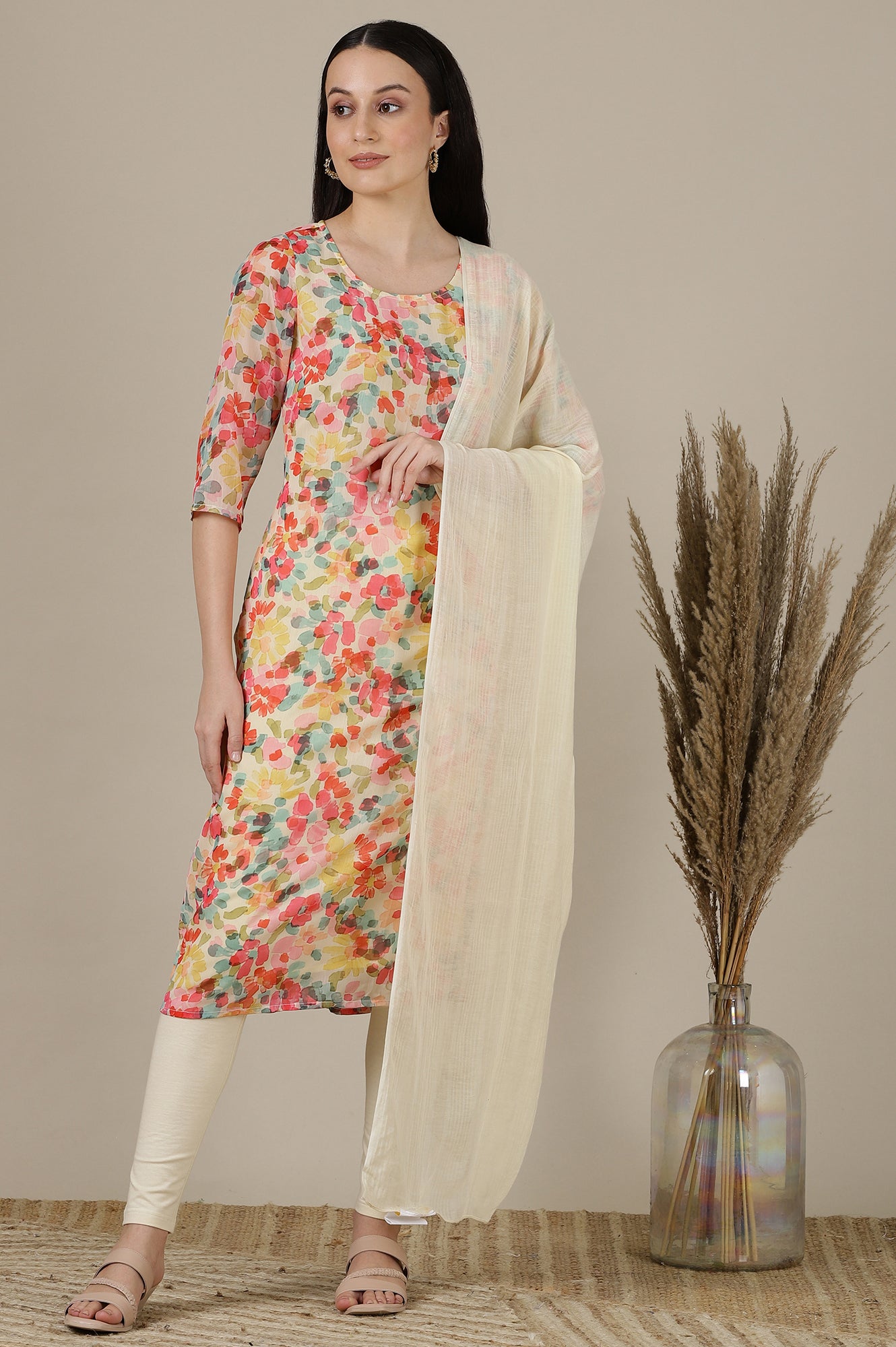 Multi-coloured Floral Printed Chiffon Straight Kurta