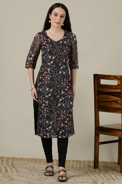 Black Floral Printed V-neck Straight Kota Kurta