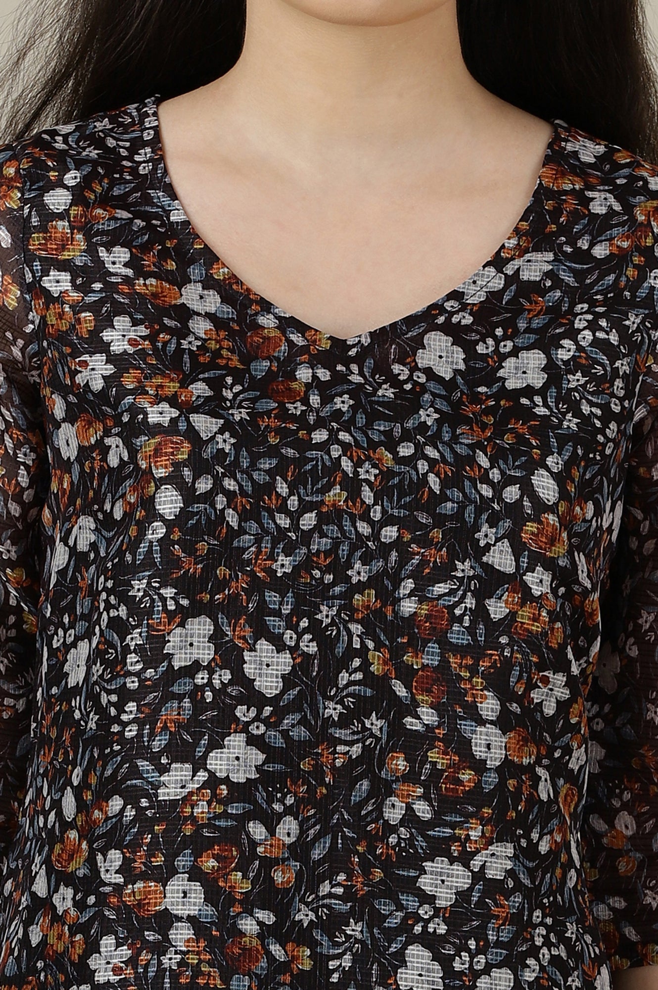 Black Floral Printed V-neck Straight Kota Kurta