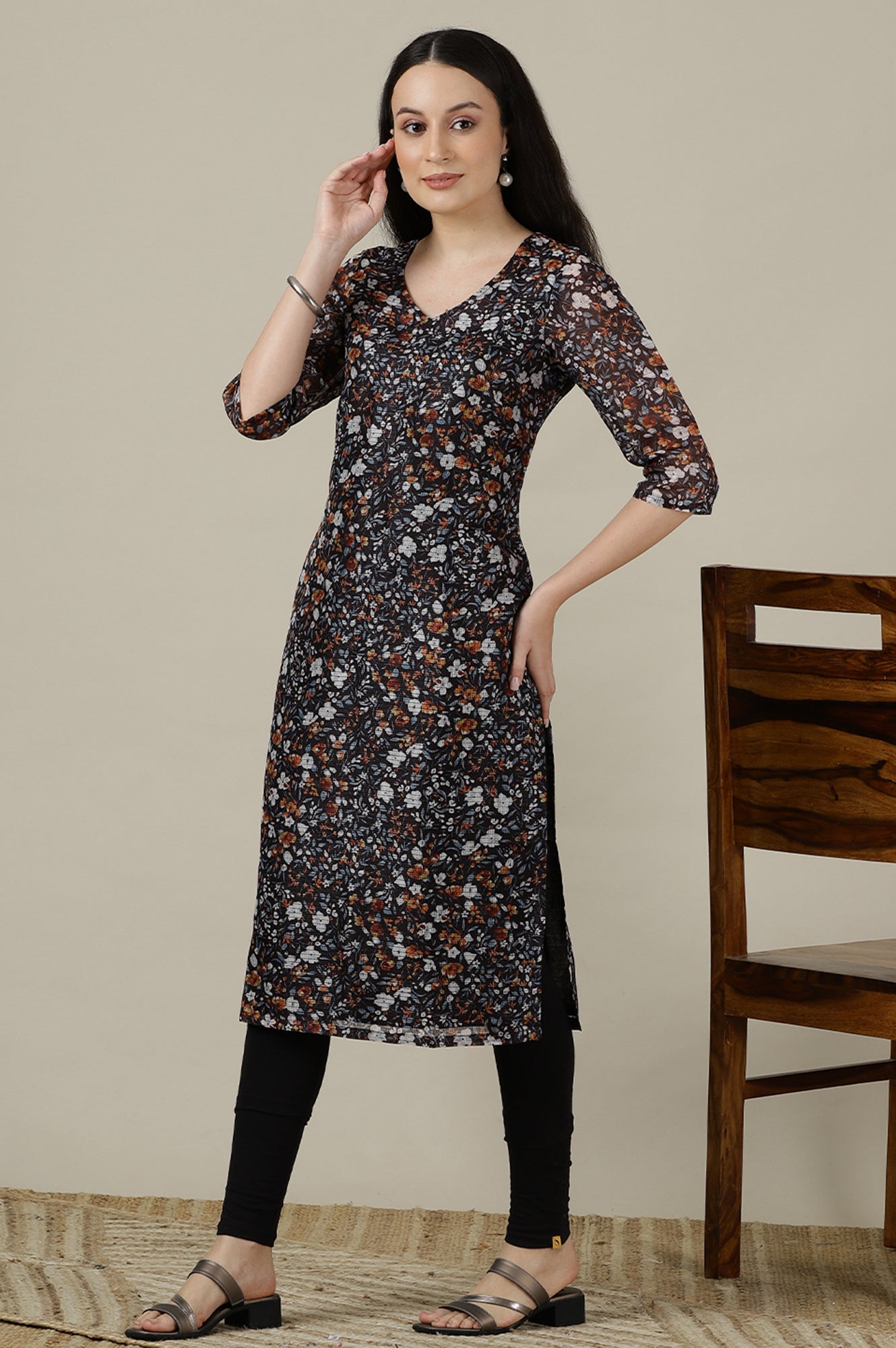 Black Floral Printed V-neck Straight Kota Kurta