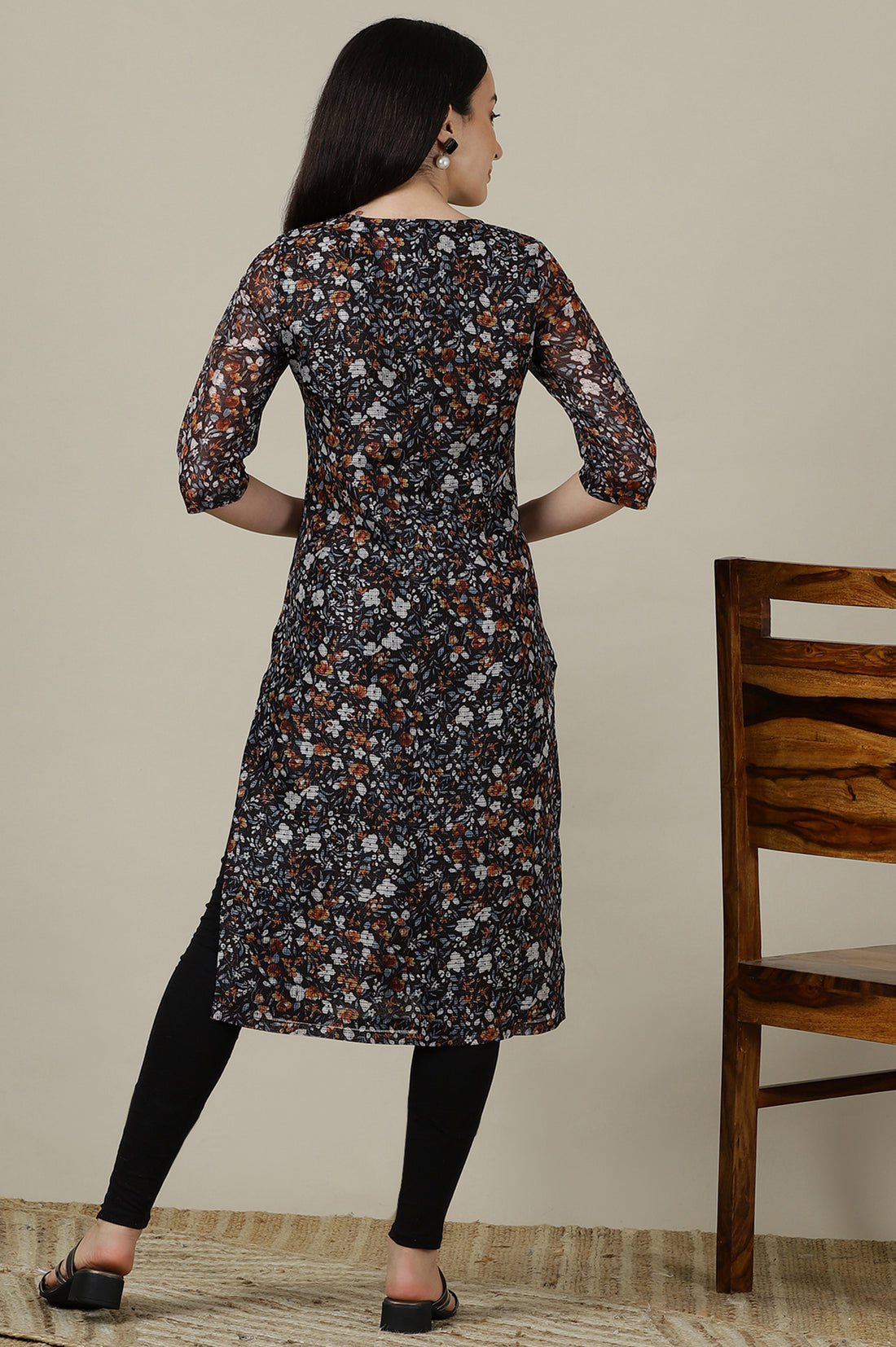 Black Floral Straight Kota Kurta