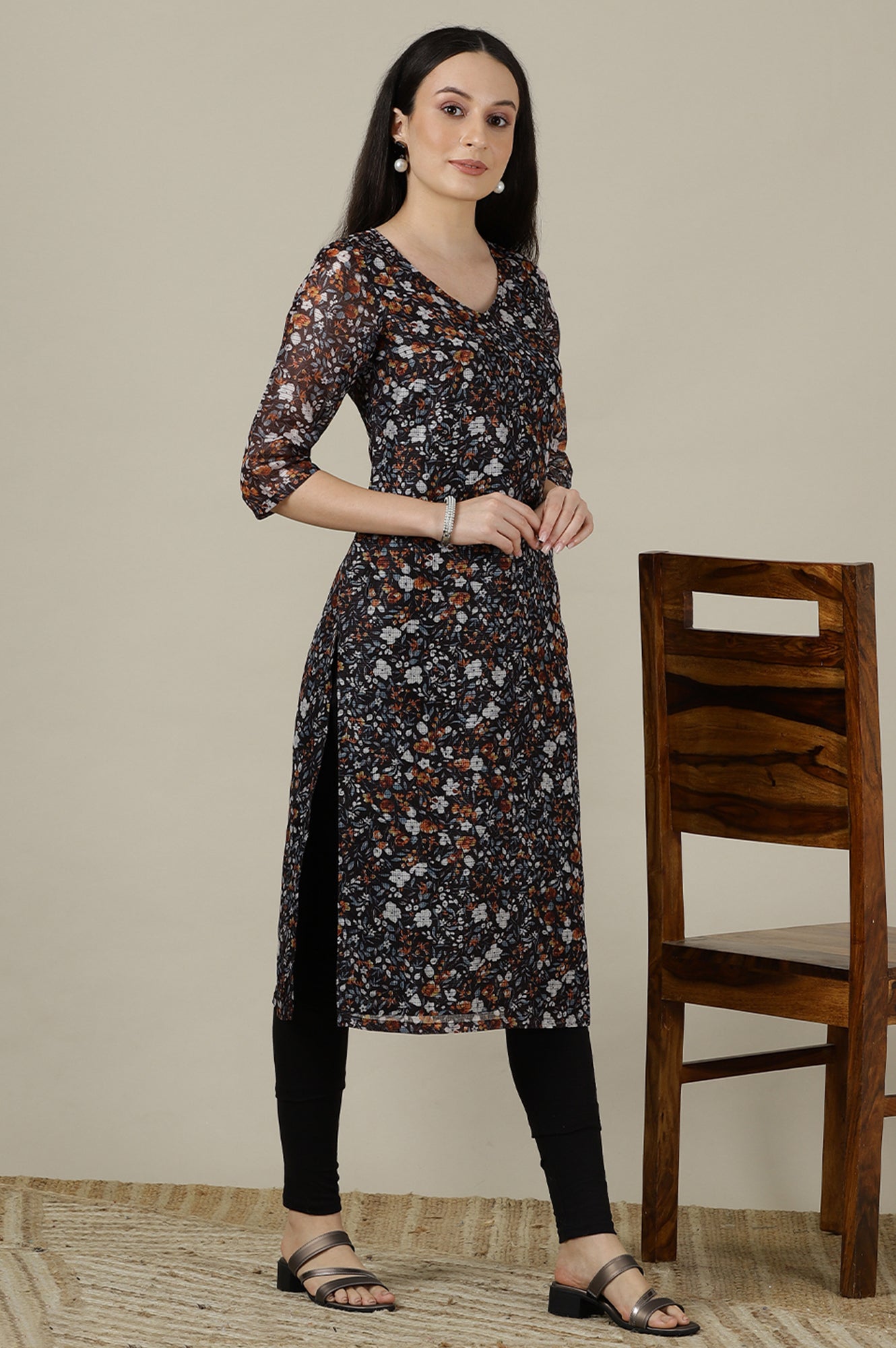 Black Floral Printed V-neck Straight Kota Kurta