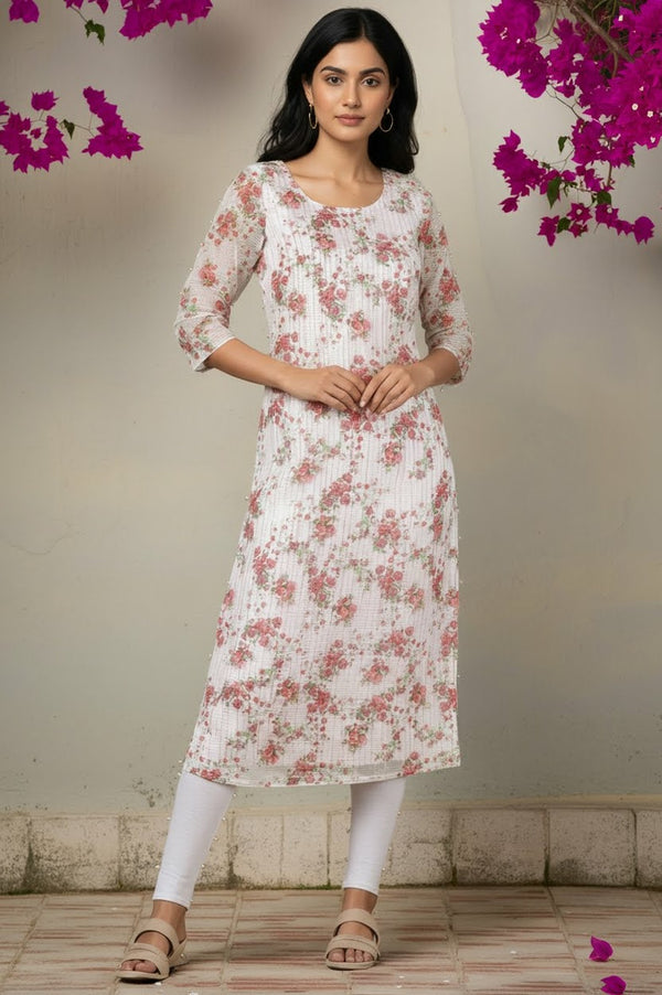 White & Pink Floral Printed Straight Kota Kurta