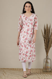 White &amp; Pink Floral Printed Straight Kota Kurta