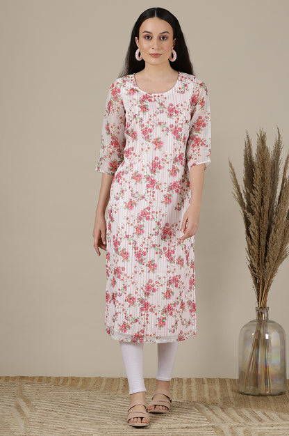 White &amp; Pink Floral Printed Straight Kota Kurta