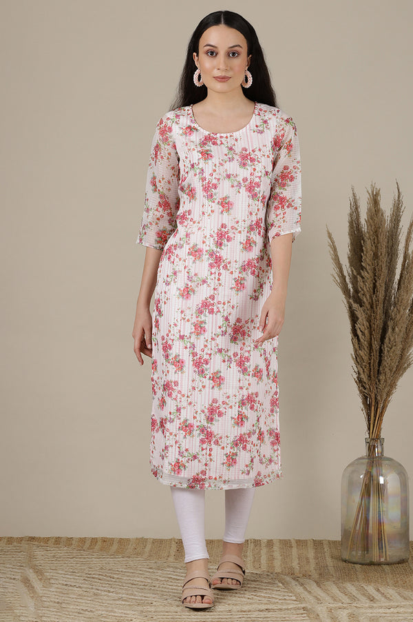 White & Pink Floral Printed Straight Kota Kurta