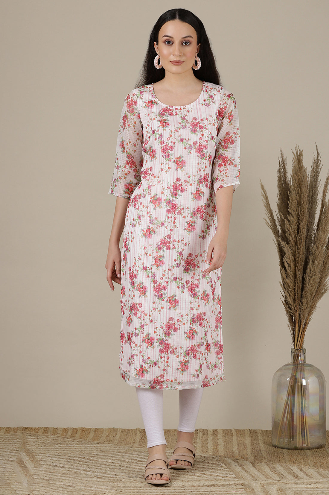 White Floral Embroidered Straight Kota Kurta