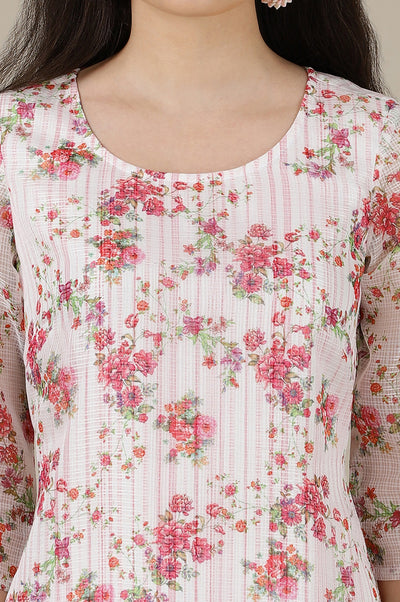 White & Pink Floral Printed Straight Kota Kurta