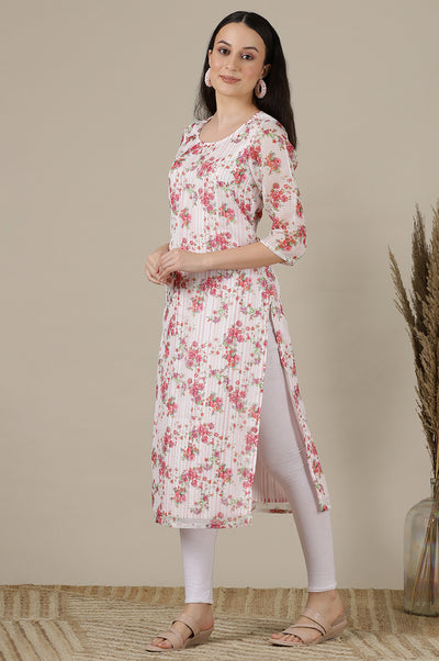 White & Pink Floral Printed Straight Kota Kurta