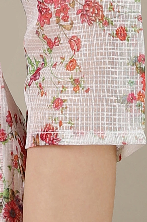 White Floral Embroidered Straight Kota Kurta