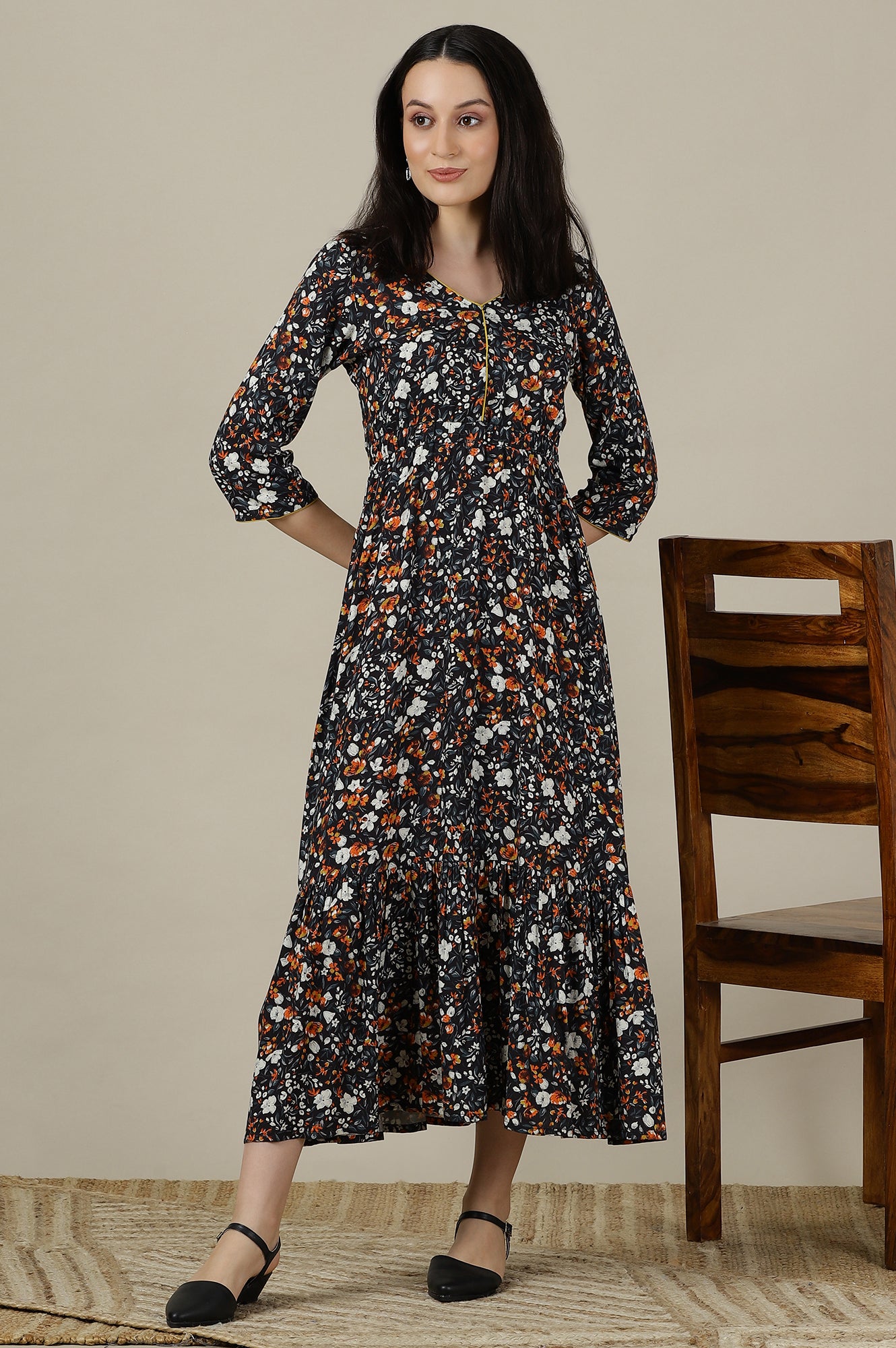 Black Floral Printed Flared Flowy Rayon Dress with Yellow Piping