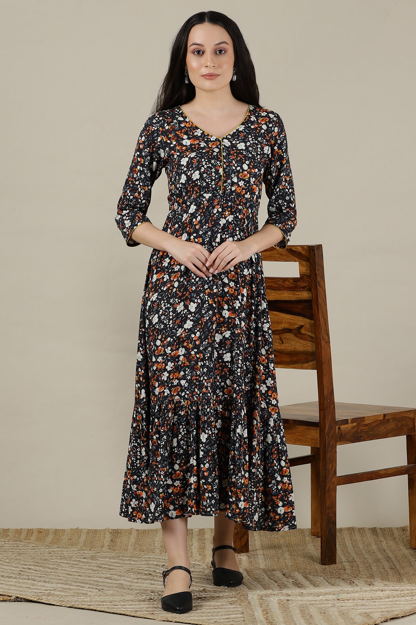 Black Floral Printed Flared Flowy Rayon Dress with Yellow Piping