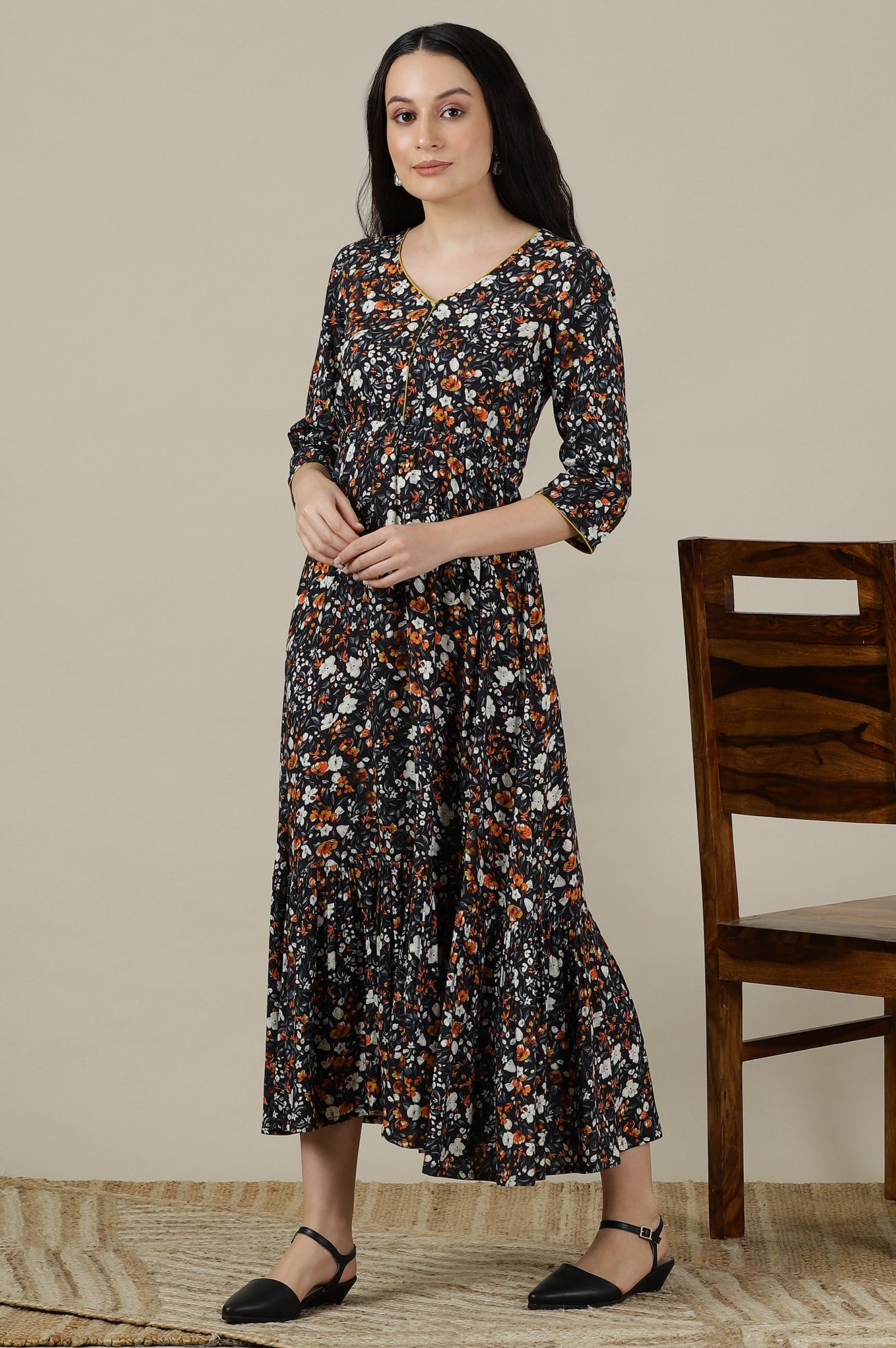 Black Floral Printed Flared Flowy Rayon Dress with Yellow Piping