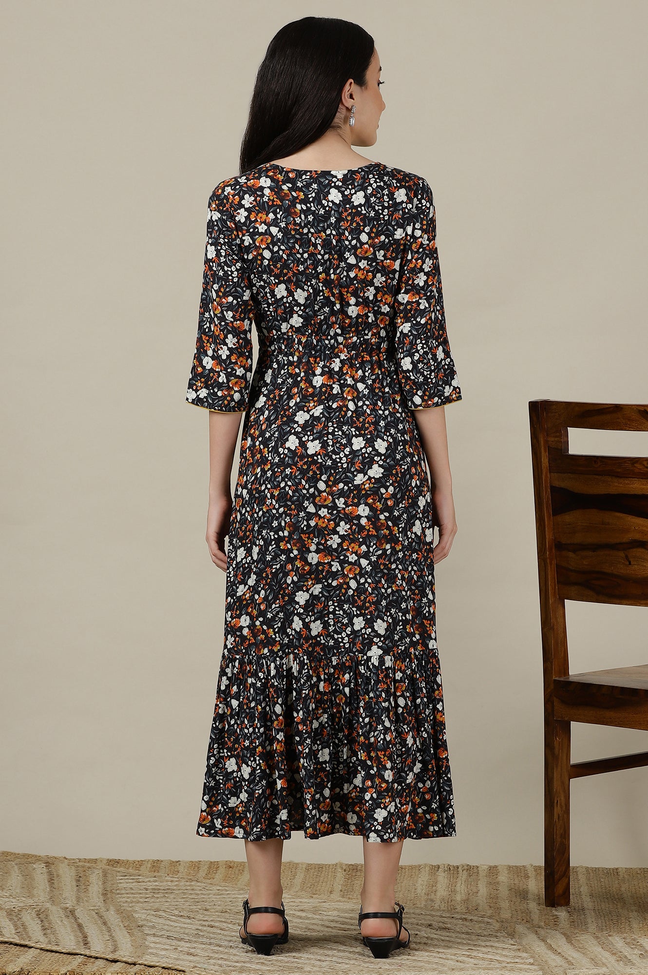 Black Floral Printed Flared Flowy Rayon Dress with Yellow Piping