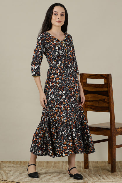 Black Floral Printed Flared Flowy Rayon Dress with Yellow Piping