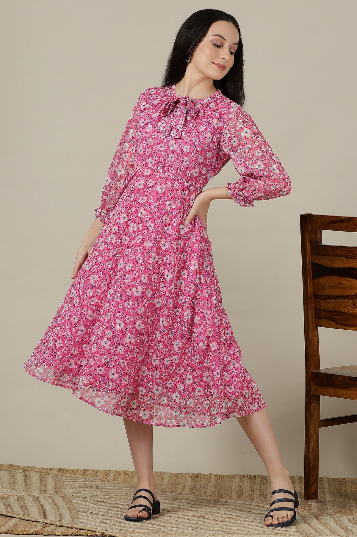 Pink Floral Printed Flared Western Dress - XS