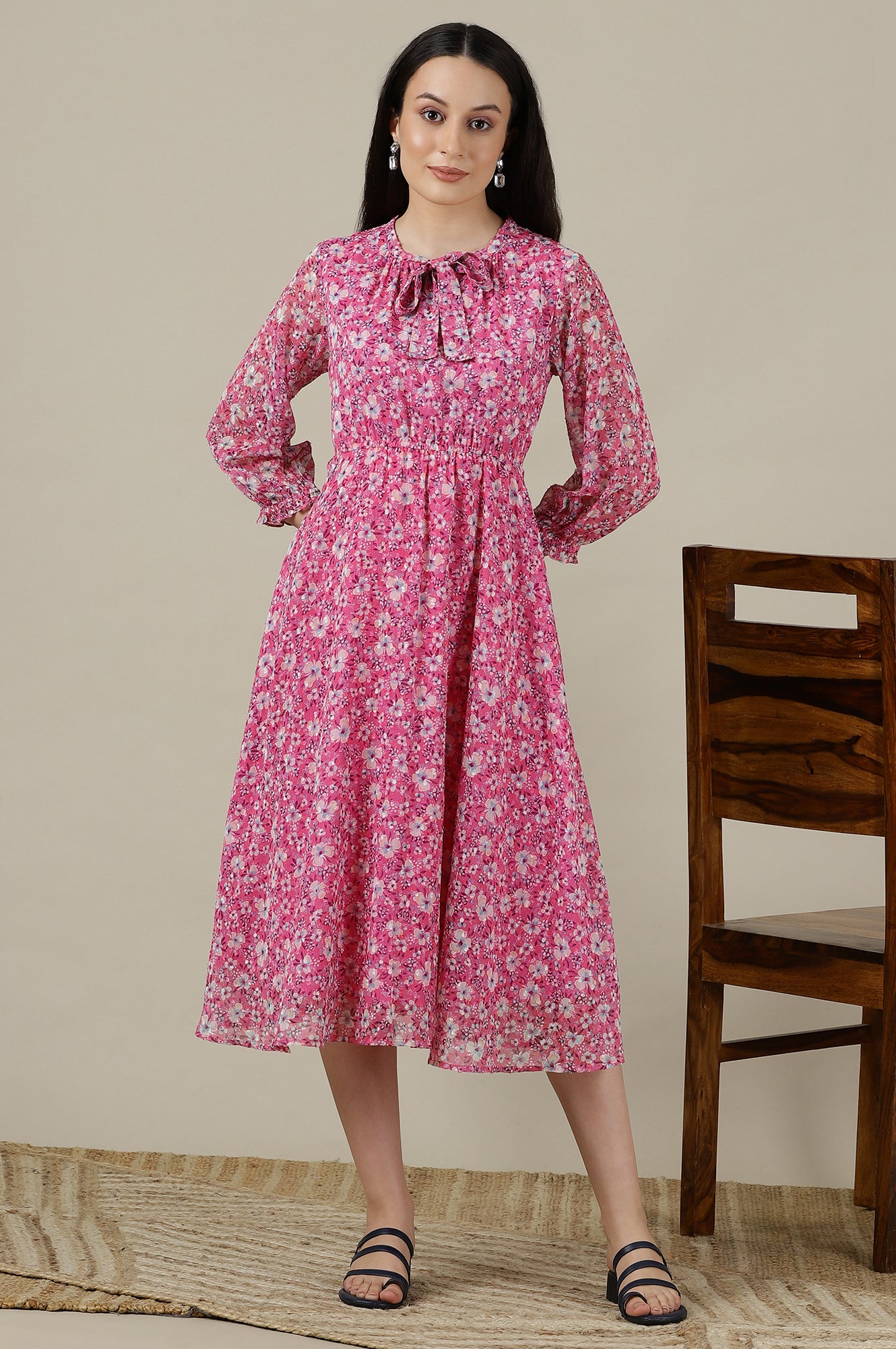 Pink Floral Printed Flared Western Dress