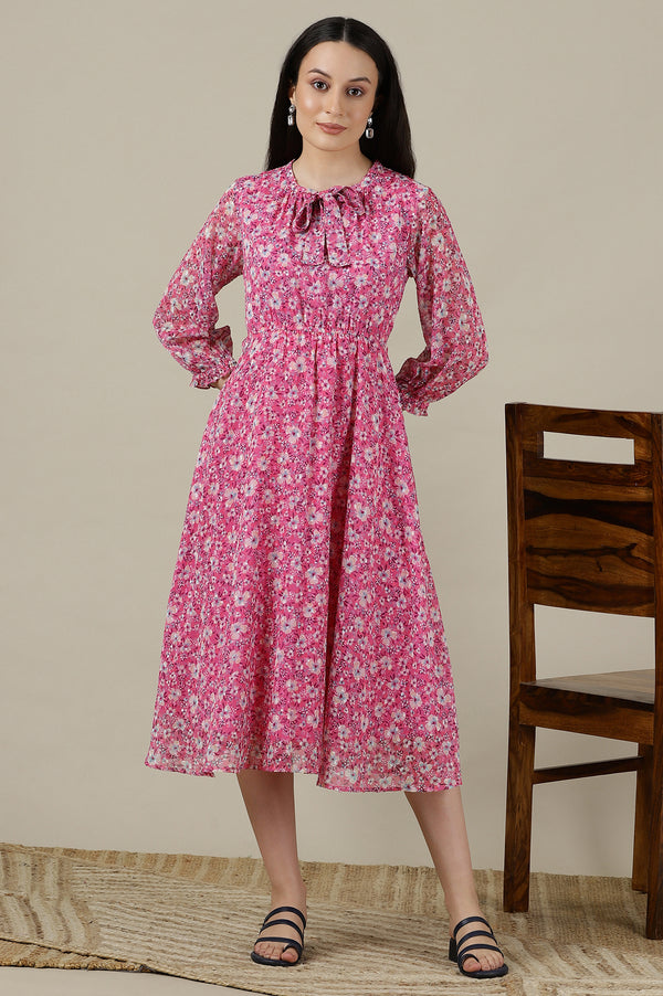 Pink Floral Printed Flared Western Dress
