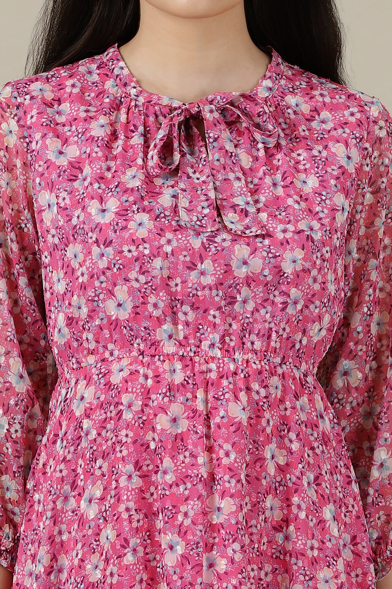 Pink Floral Printed Flared Western Dress