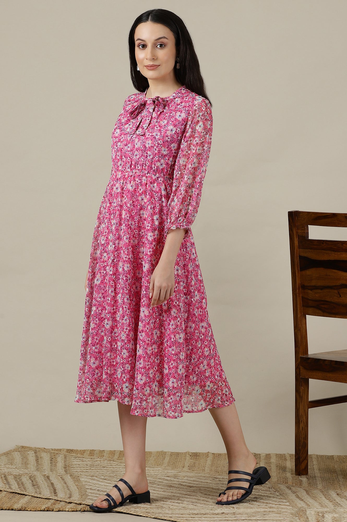 Pink Floral Printed Flared Western Dress