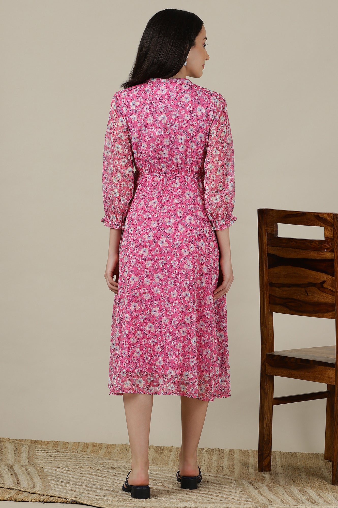 Pink Floral Printed Flared Western Dress