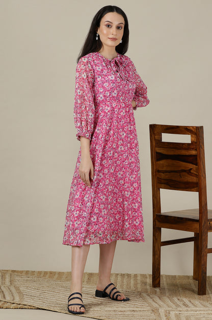 Pink Floral Printed Flared Western Dress